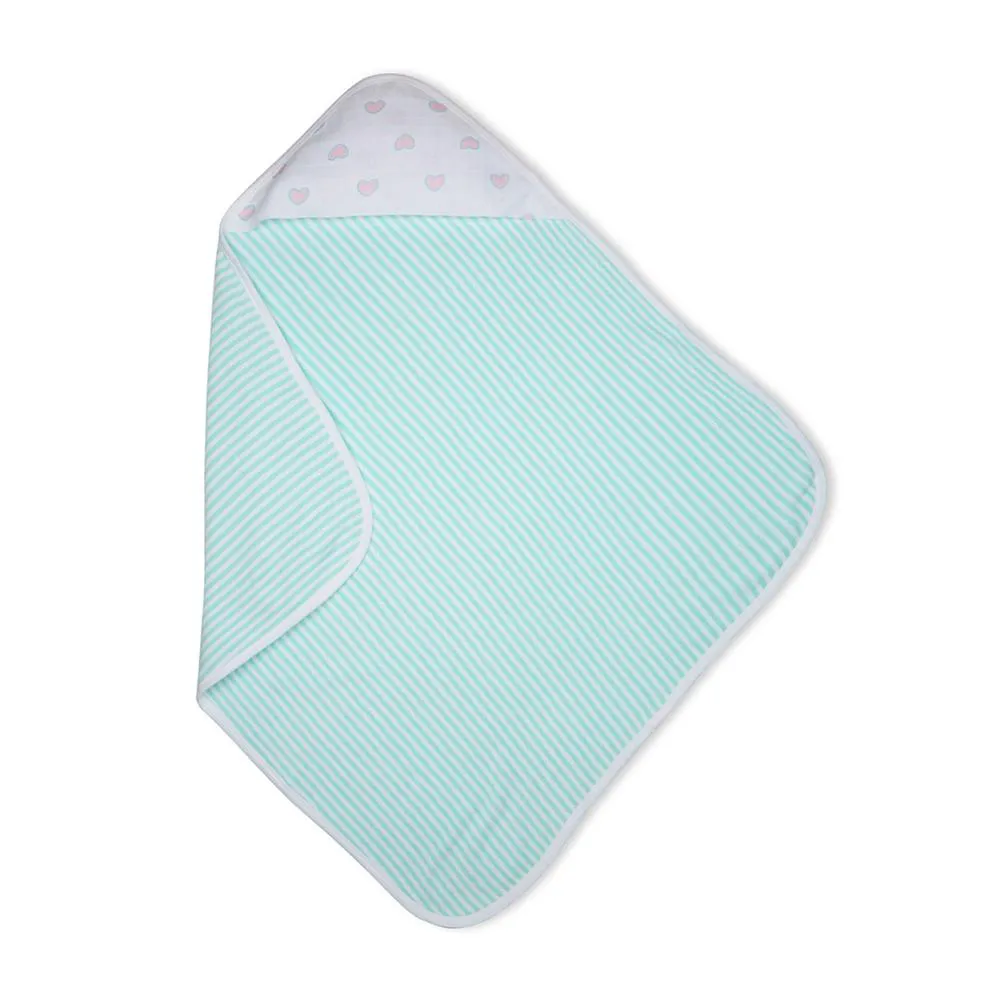 Premium Baby Hooded Towel Stripes Pattern With Heart Print Muslin Hood, Soft and Lightweight - Blue Tint