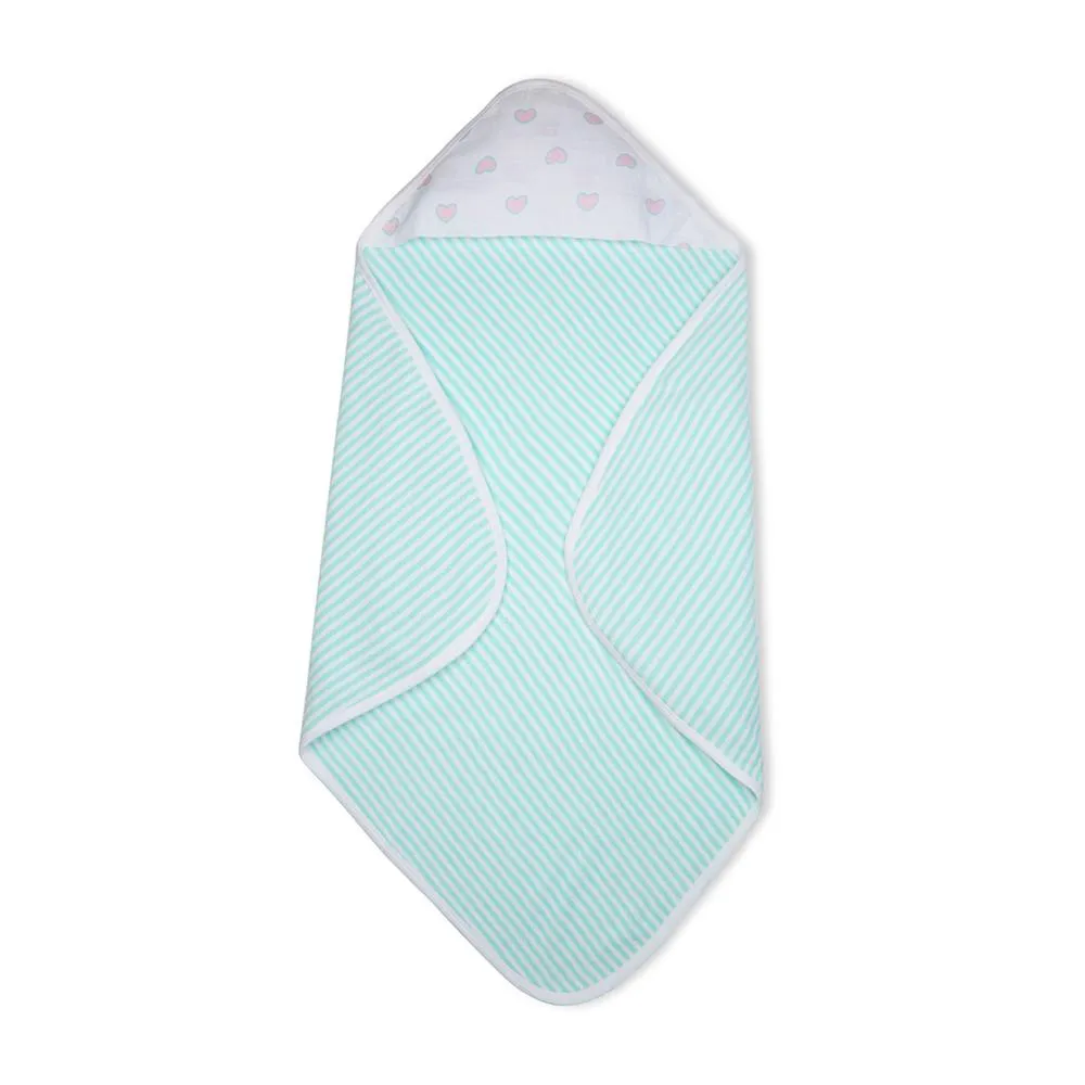 Premium Baby Hooded Towel Stripes Pattern With Heart Print Muslin Hood, Soft and Lightweight - Blue Tint