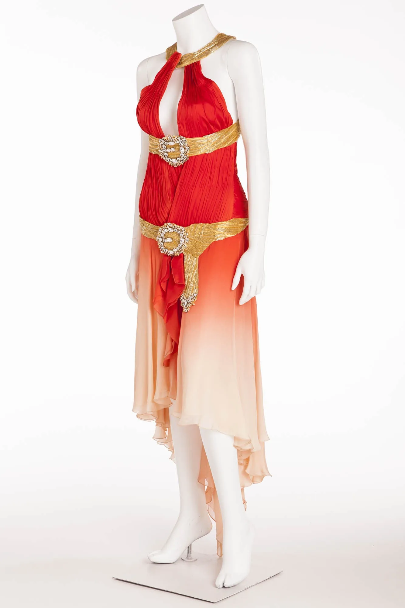 Roberto Cavalli - As Seen on the 2006 Spring Runway Collection - Red and Coral Ombre Dress with Gold Embellishments - IT 40