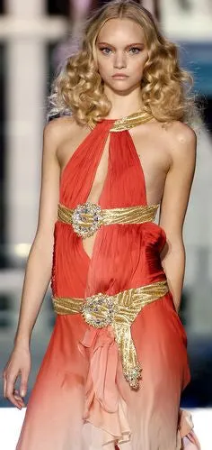 Roberto Cavalli - As Seen on the 2006 Spring Runway Collection - Red and Coral Ombre Dress with Gold Embellishments - IT 40