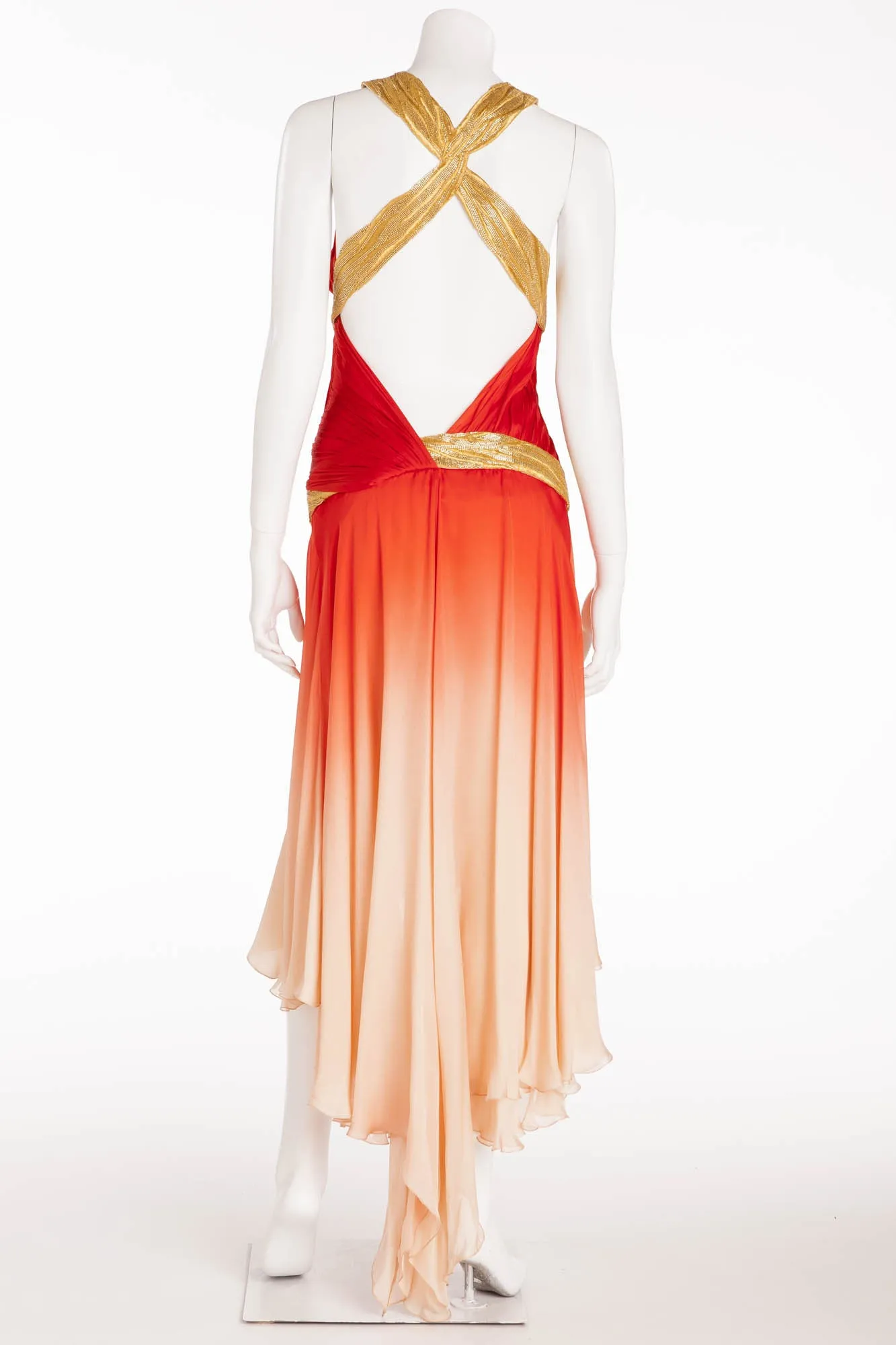 Roberto Cavalli - As Seen on the 2006 Spring Runway Collection - Red and Coral Ombre Dress with Gold Embellishments - IT 40