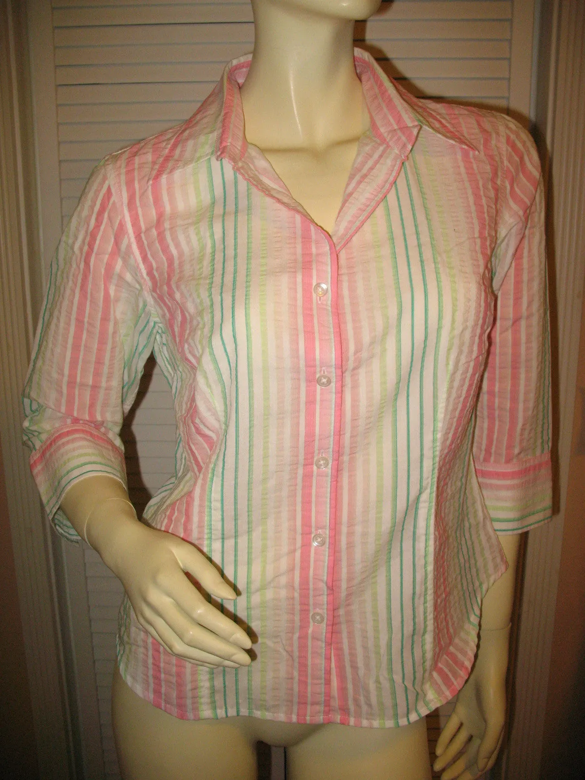 TALBOTS Womens Tops PINK GREEN WHITE STRIPE STRIPED 3/4 Sleeve Button Down Career Wear Office Attire TOP Small
