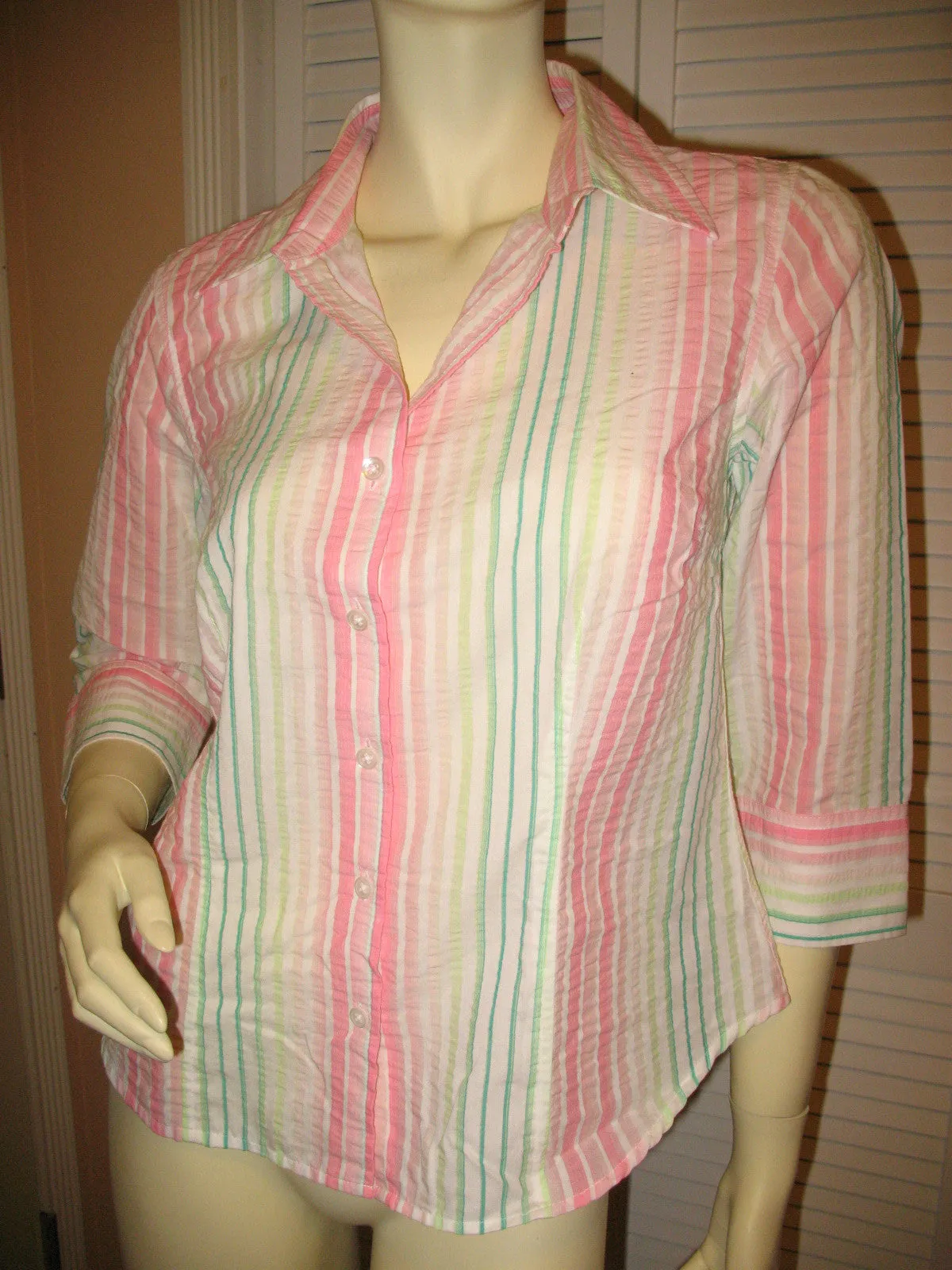 TALBOTS Womens Tops PINK GREEN WHITE STRIPE STRIPED 3/4 Sleeve Button Down Career Wear Office Attire TOP Small