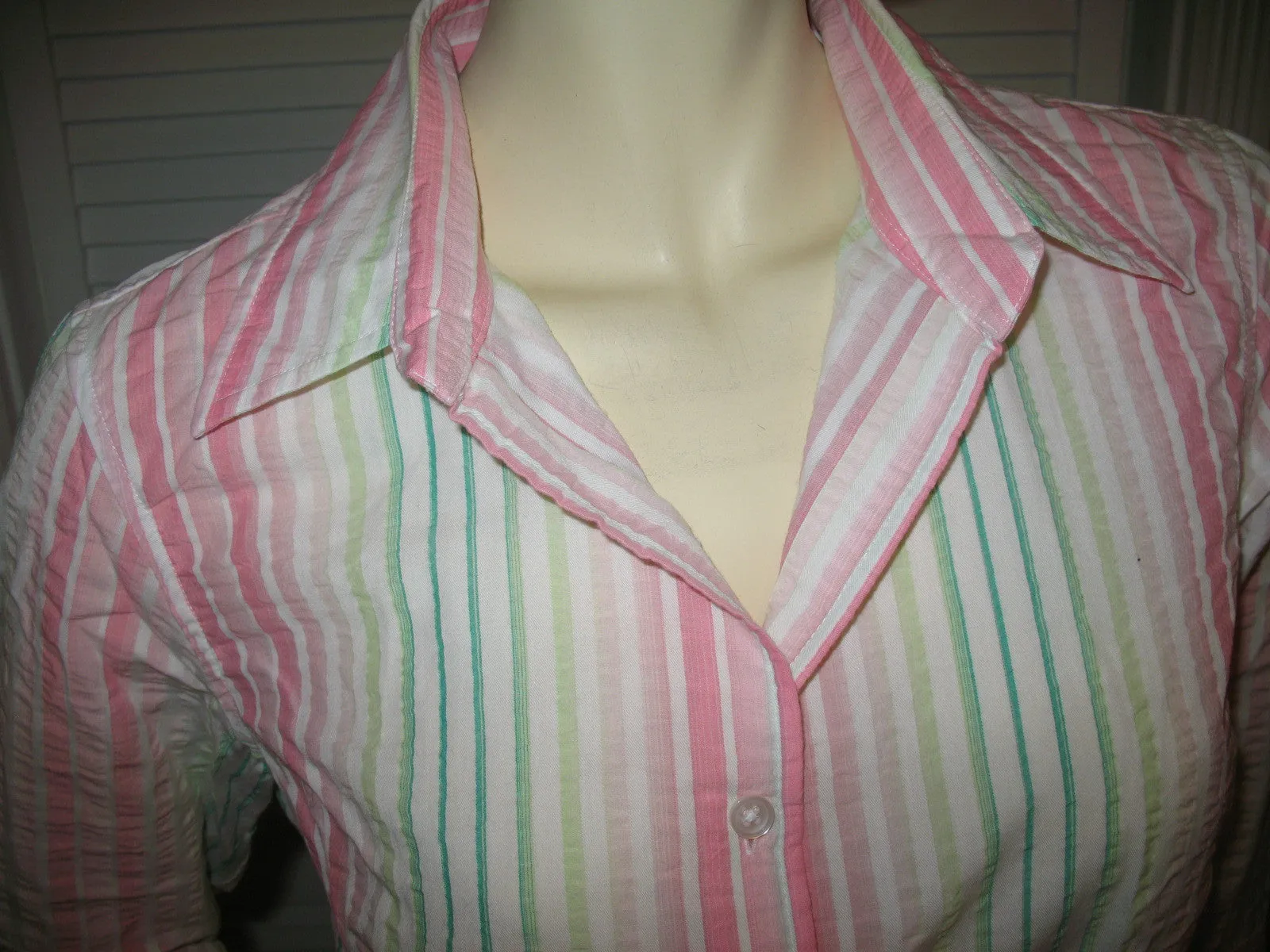 TALBOTS Womens Tops PINK GREEN WHITE STRIPE STRIPED 3/4 Sleeve Button Down Career Wear Office Attire TOP Small