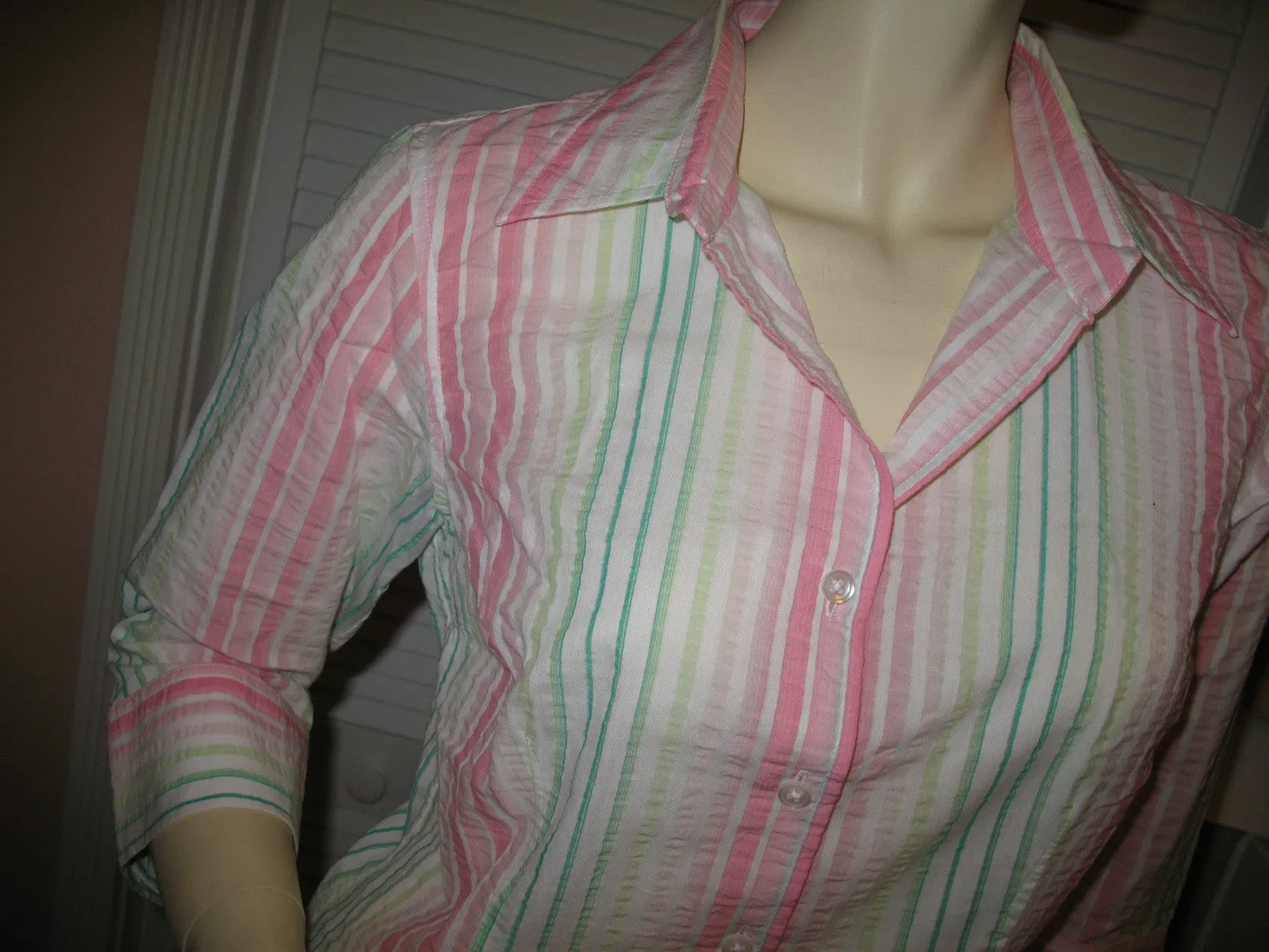 TALBOTS Womens Tops PINK GREEN WHITE STRIPE STRIPED 3/4 Sleeve Button Down Career Wear Office Attire TOP Small