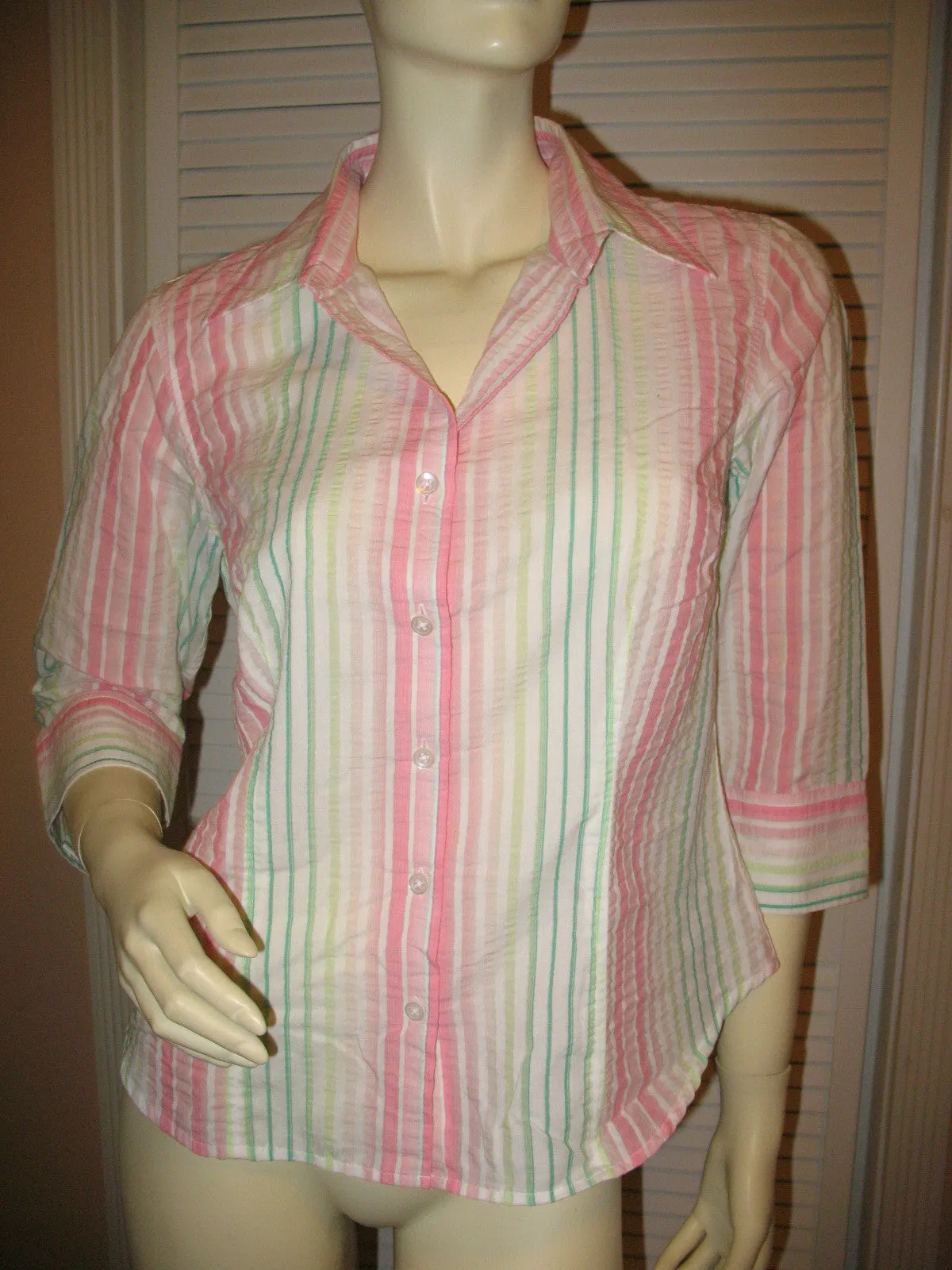 TALBOTS Womens Tops PINK GREEN WHITE STRIPE STRIPED 3/4 Sleeve Button Down Career Wear Office Attire TOP Small