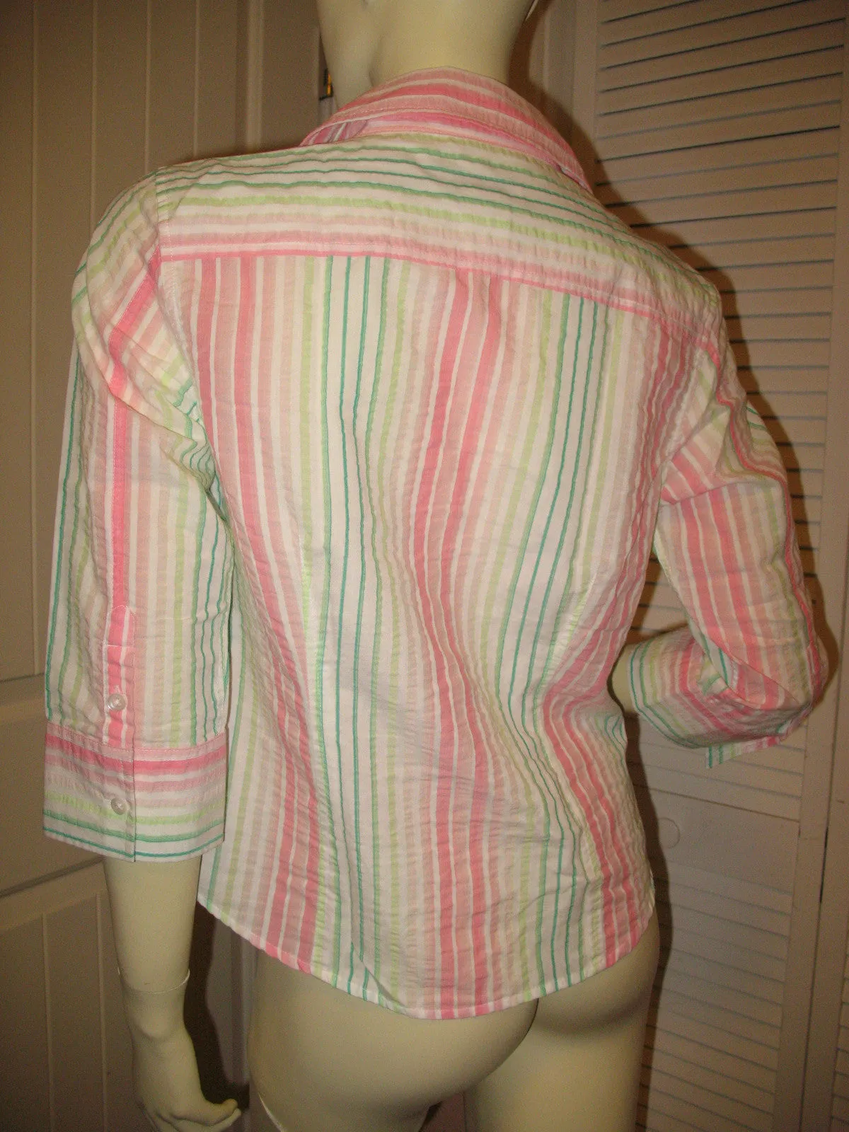 TALBOTS Womens Tops PINK GREEN WHITE STRIPE STRIPED 3/4 Sleeve Button Down Career Wear Office Attire TOP Small