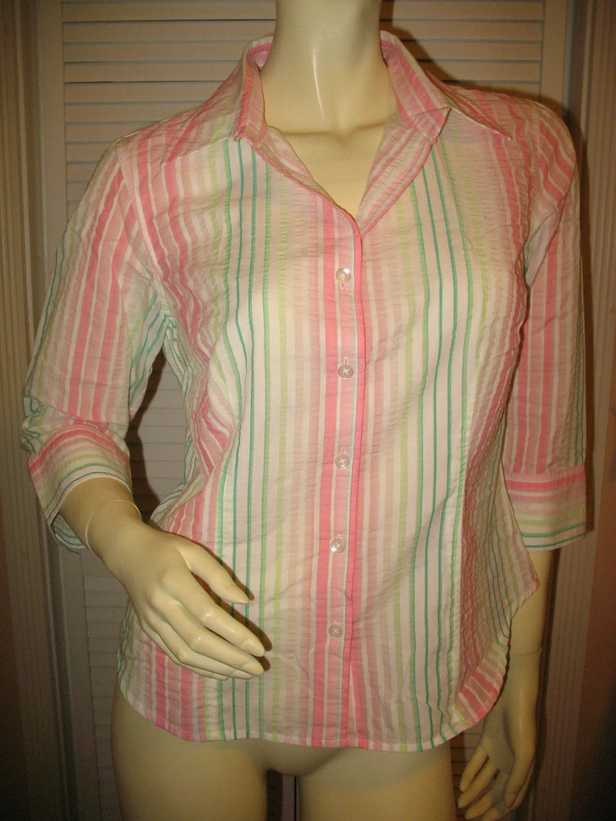 TALBOTS Womens Tops PINK GREEN WHITE STRIPE STRIPED 3/4 Sleeve Button Down Career Wear Office Attire TOP Small