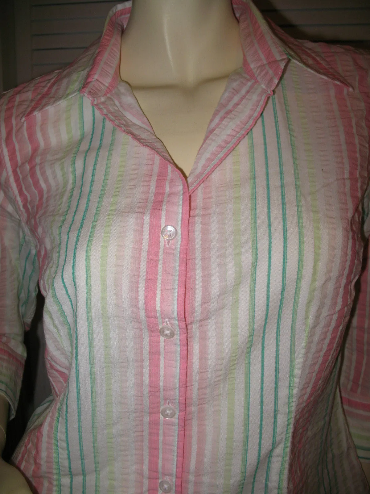 TALBOTS Womens Tops PINK GREEN WHITE STRIPE STRIPED 3/4 Sleeve Button Down Career Wear Office Attire TOP Small