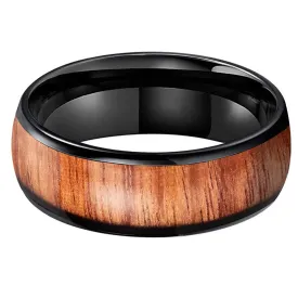 Whiskey Barrel Oak inlay & Black Tungsten Dome Ring (8mm)