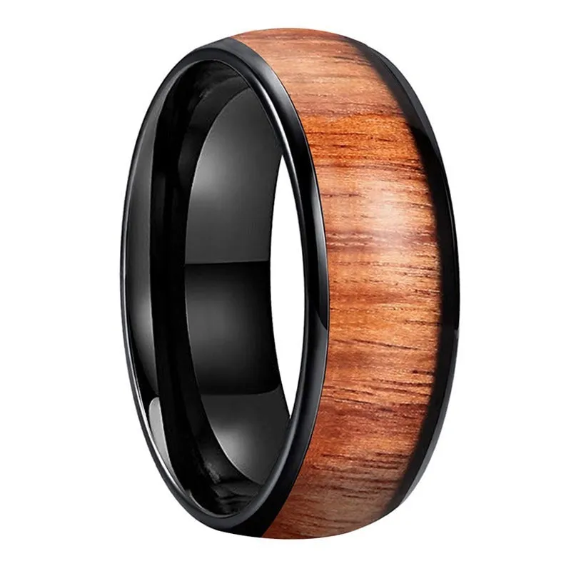 Whiskey Barrel Oak inlay & Black Tungsten Dome Ring (8mm)