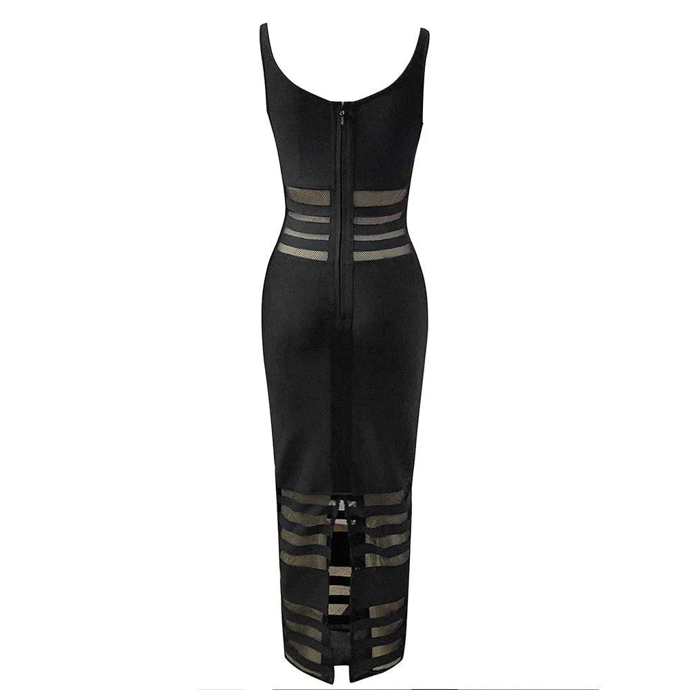 Women's Striped Sleeveless Midi Bandage Dress - Black, Summer Formal Wear | GFIT