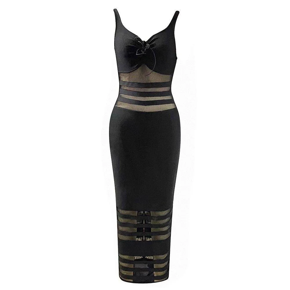 Women's Striped Sleeveless Midi Bandage Dress - Black, Summer Formal Wear | GFIT