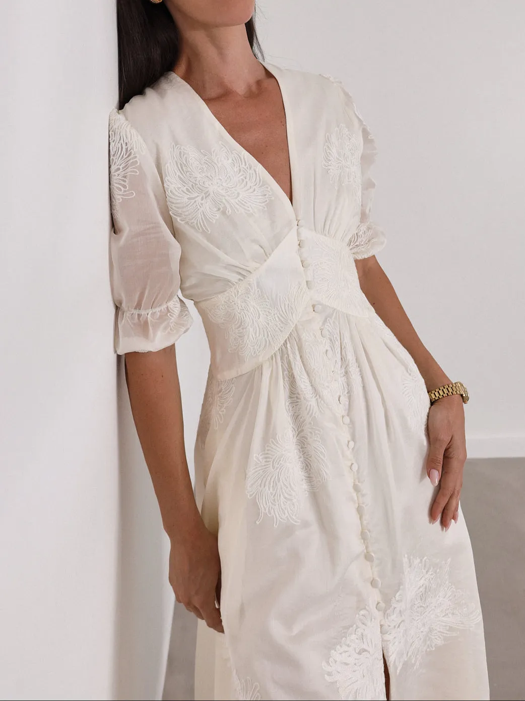 Yasmina Embroidered Day Dress | Cream